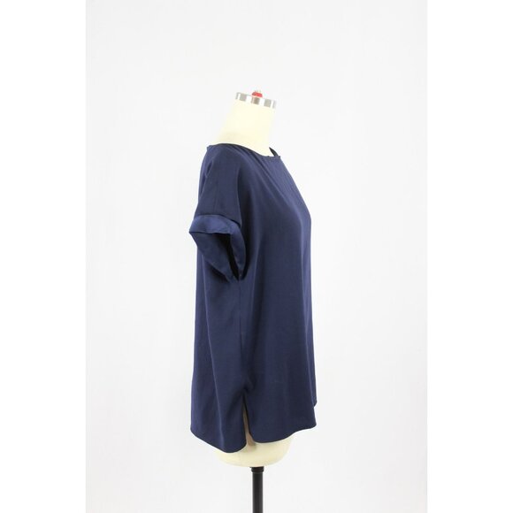 MM.LAFLEUR Betty Navy Blue Matte Crepe Cuffed Boat Neck Blouse Top, Size XL - Picture 2 of 14